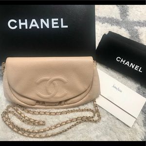 CHANEL Caviar Half Moon Wallet On Chain WOC Beige